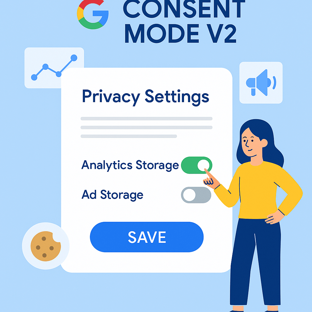 Een cookiebanner met de tekst consent mode v2.
